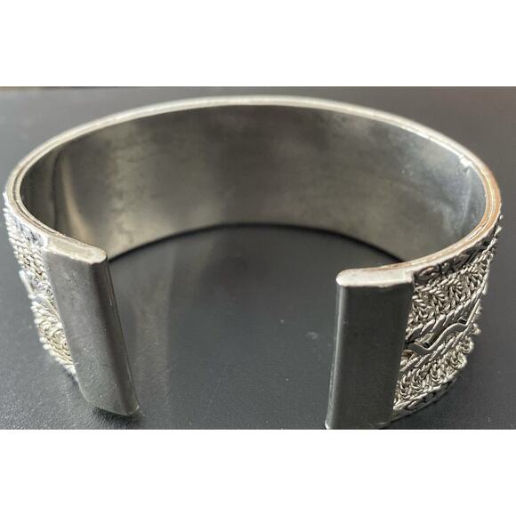 Silver Plate Heavy Filagree Covered Open Cuff Bracelet - Picture 6 of 9